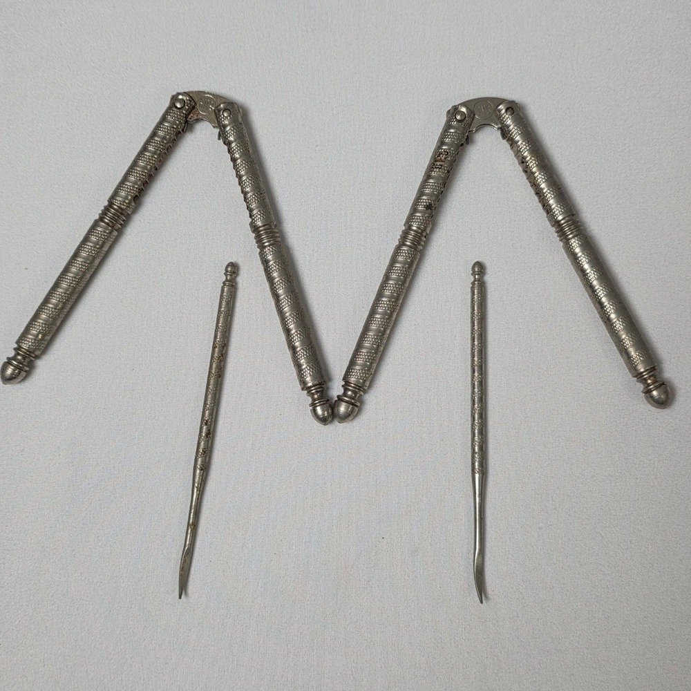HMQ 2 Nutcrackers and 2 Picks 4pc Set Silver Vintage Metal Ornate Textured Tools